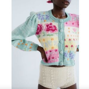 New TACH Clothing Fair Isle Embroidered Floral Button Front Cardigan